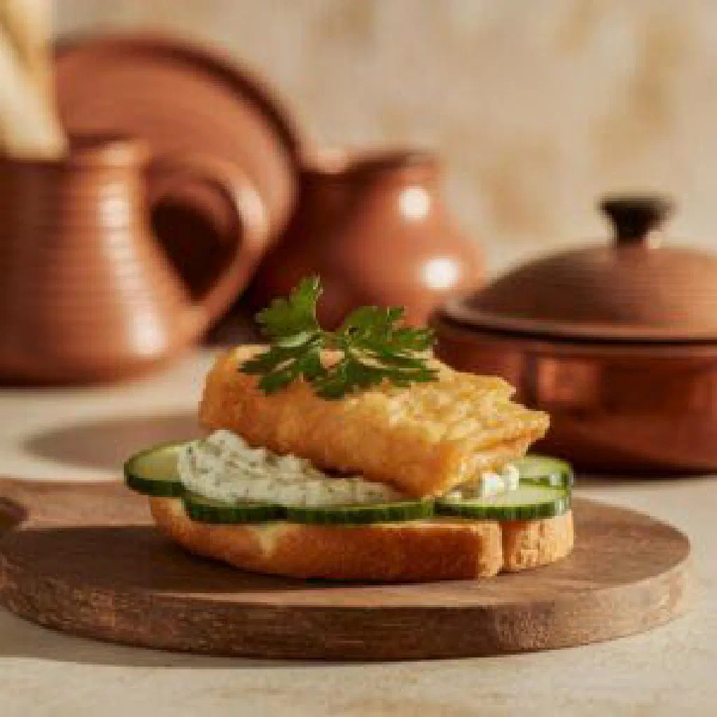 Danish stjerneskud open sandwich with fried fish, prawns and remoulade