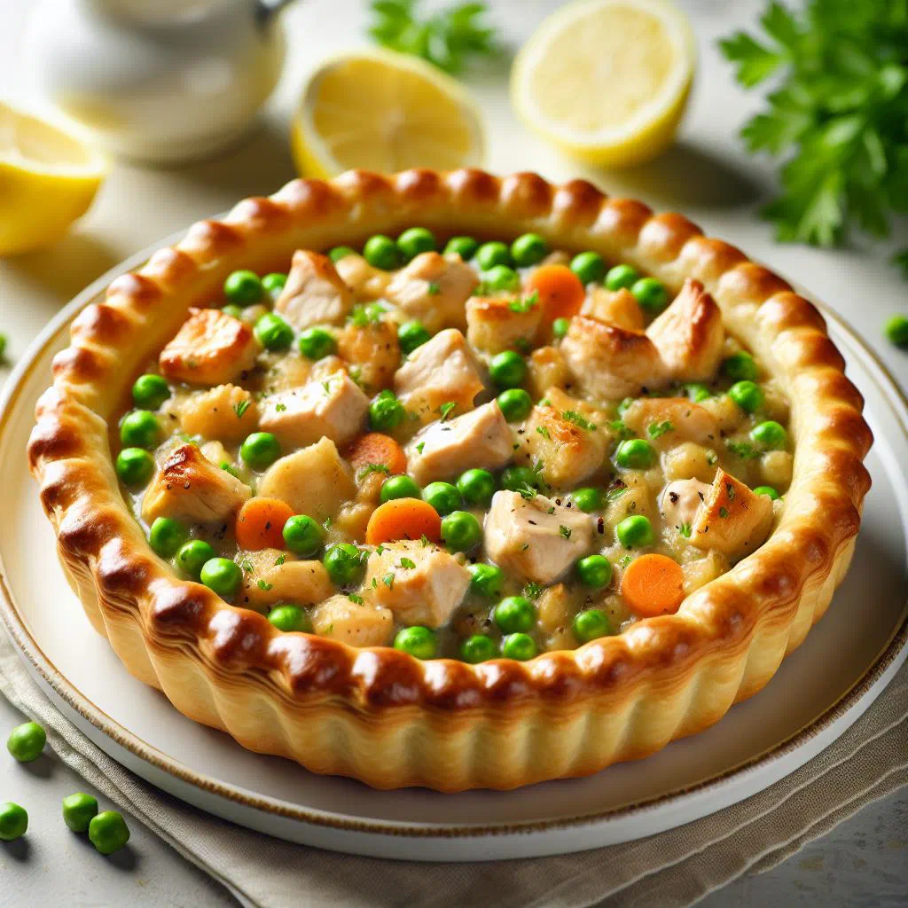 Crisp puff pastry cases filled with creamy chicken and asparagus, garnished with fresh herbs