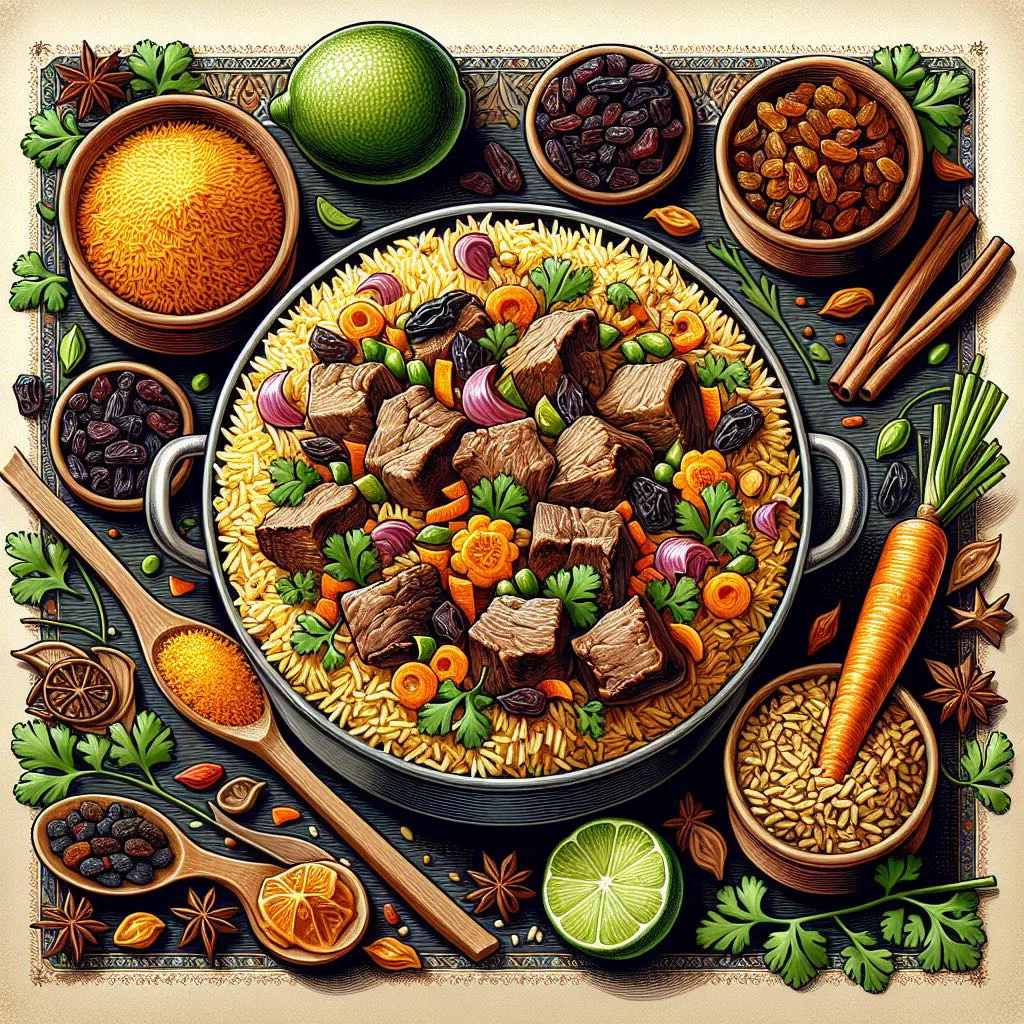 A plate of aromatic Bariis spiced rice with vegetables and tender meat