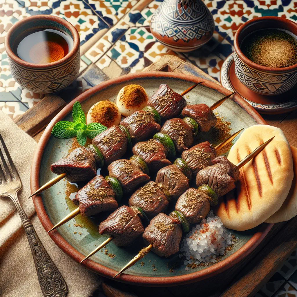 Grilled boulfaf lamb skewers on a platter with fresh herbs
