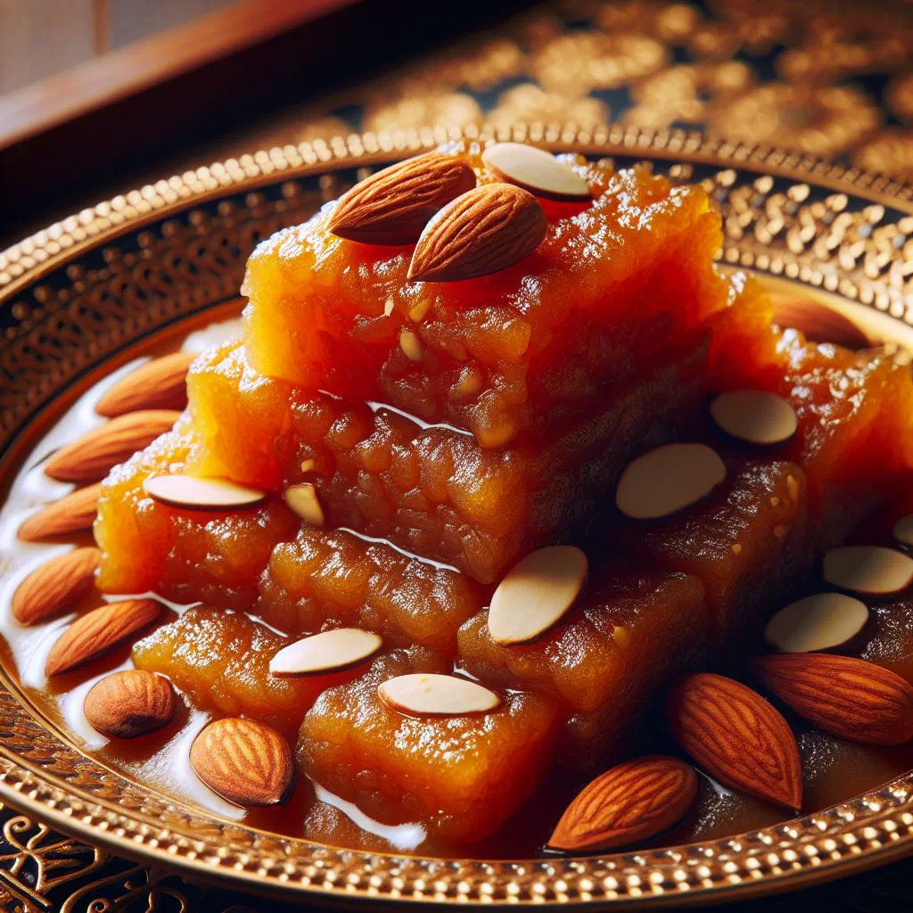 Cardamom-scented halwa studded with nuts, cut into squares