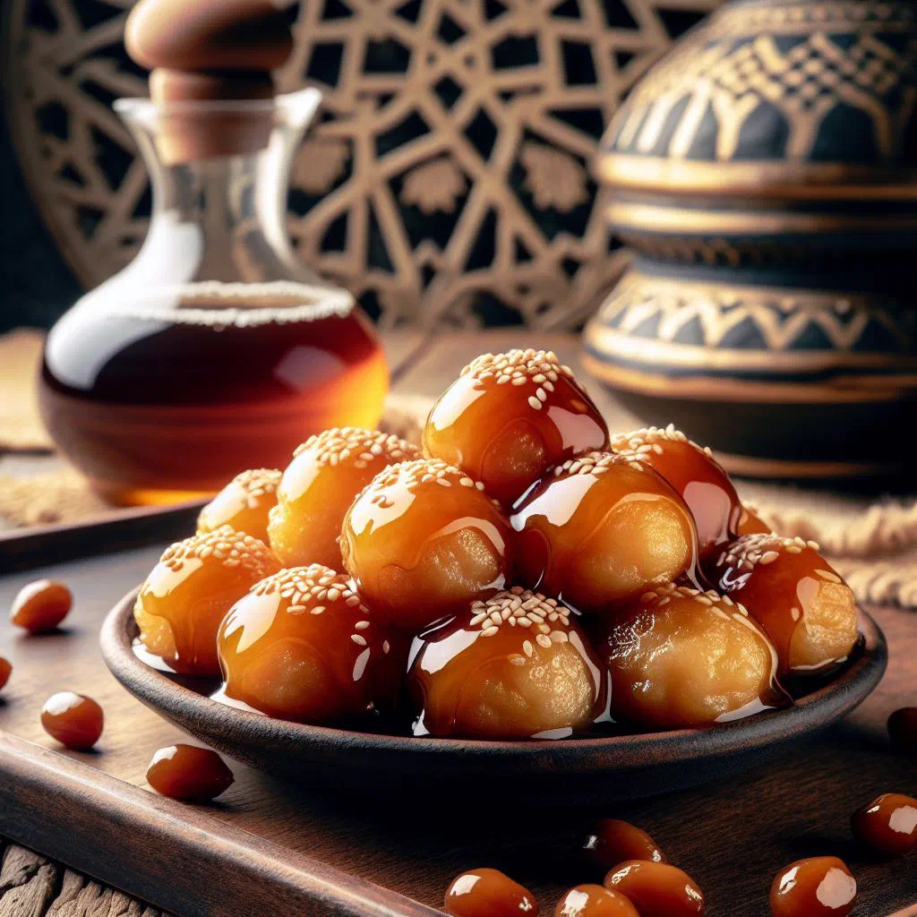 Golden fried luqaimat dumplings drizzled with honey syrup
