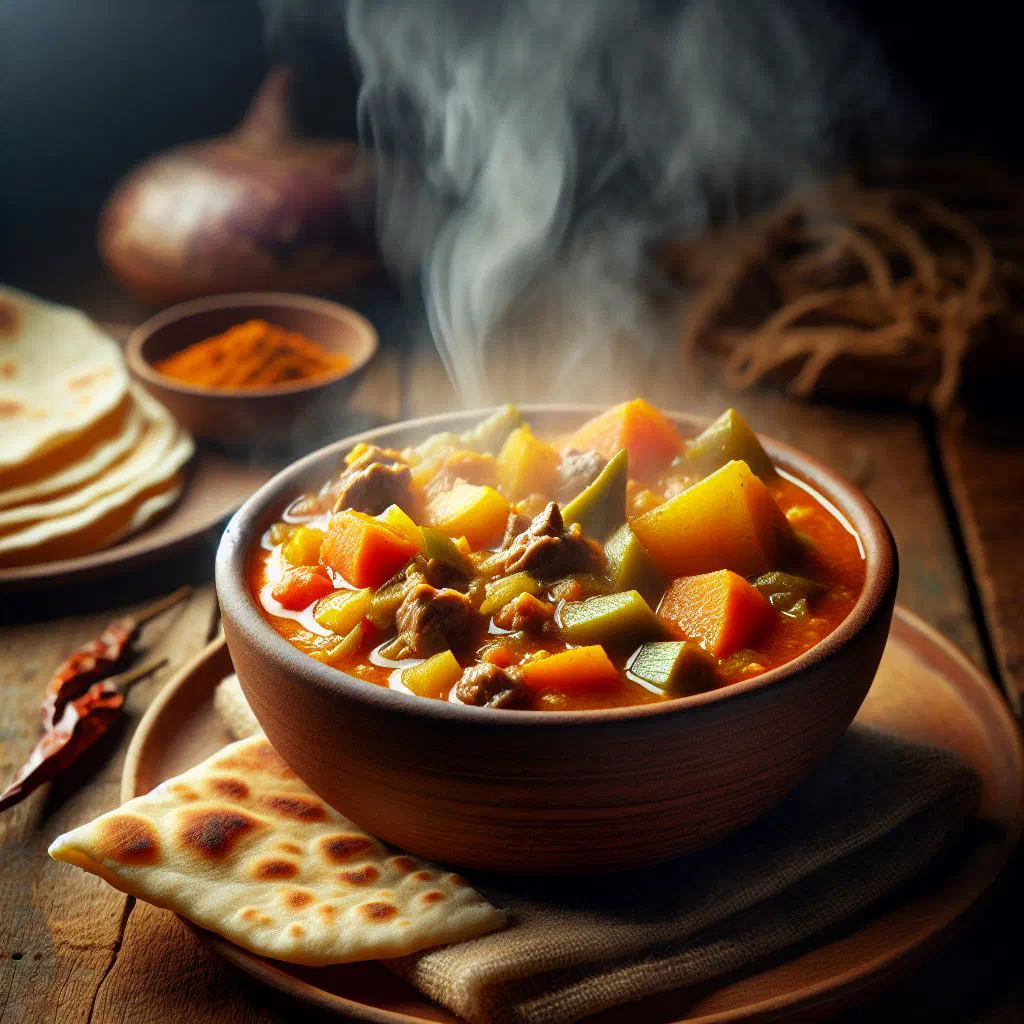 A steaming bowl of Djiboutian maraq with tender meat and vegetables