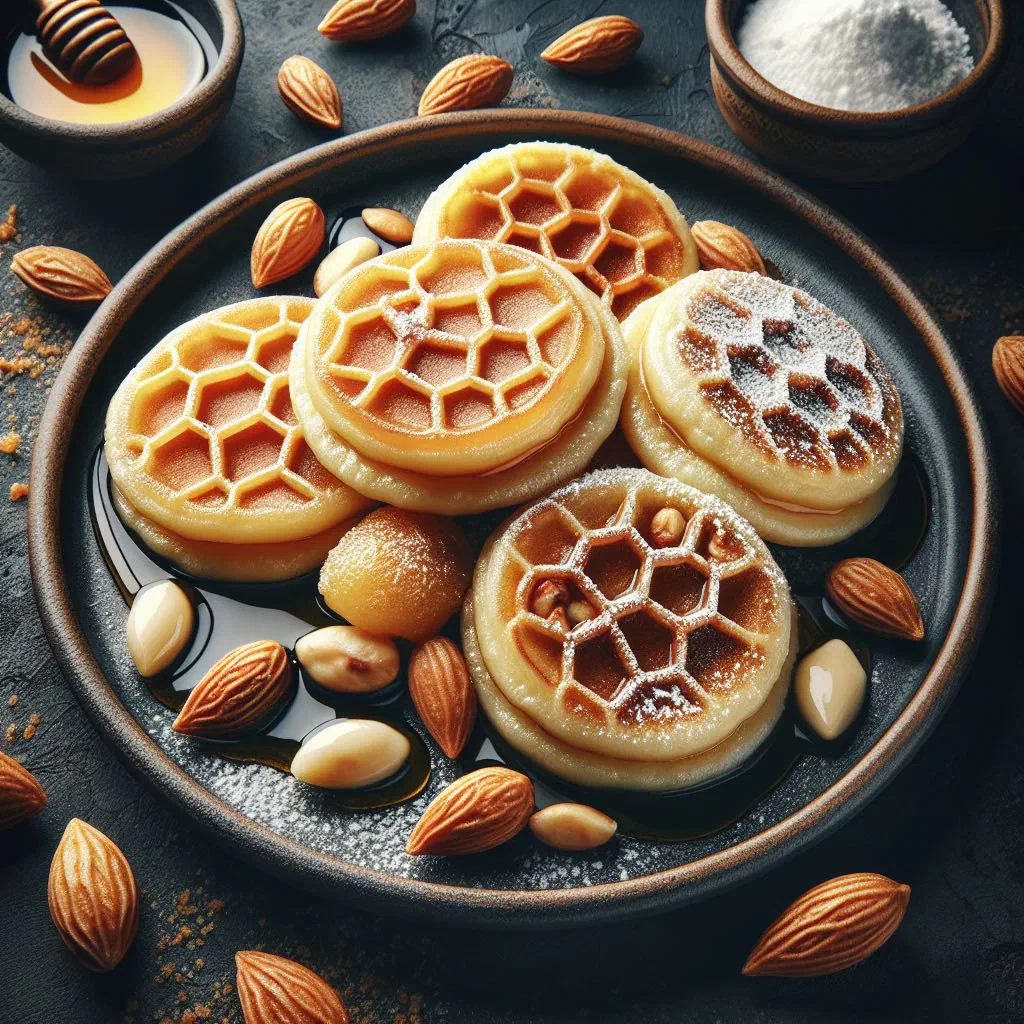 Golden folded qatayeef pancakes stuffed with nuts and drizzled with syrup