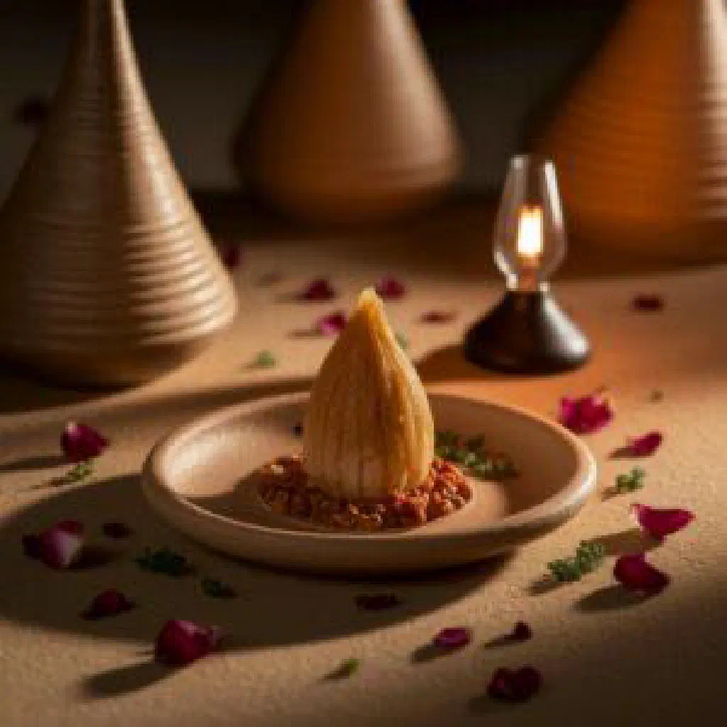 Golden layered sabaya pastry drizzled with honey and scattered with nuts