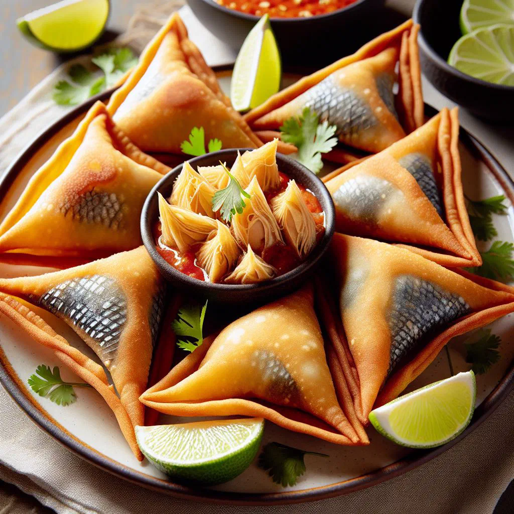 Golden fried Sambuusa filled with spiced fish, served on a plate