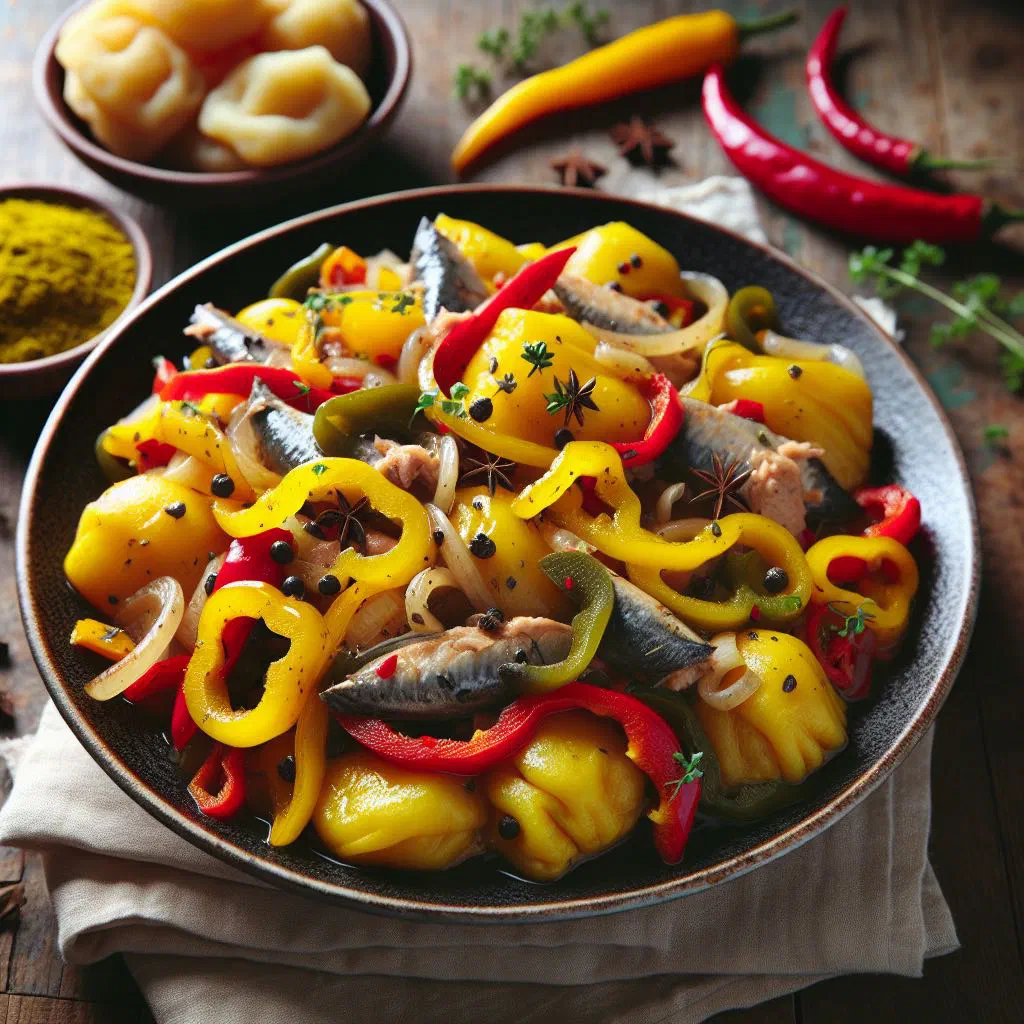 Ackee and saltfish with onions, peppers and spring onions in a bowl