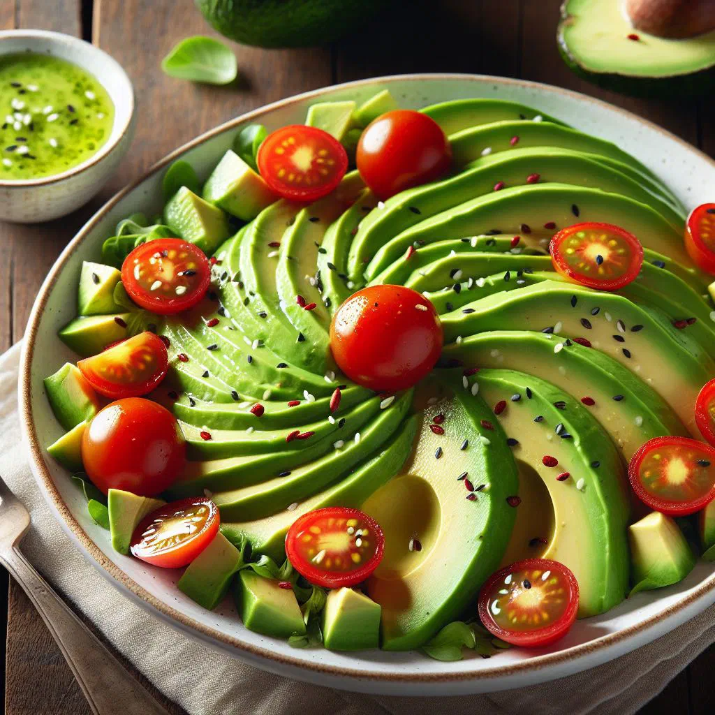 Fresh avocado salad with cucumber, red onion and coriander in a lime dressing