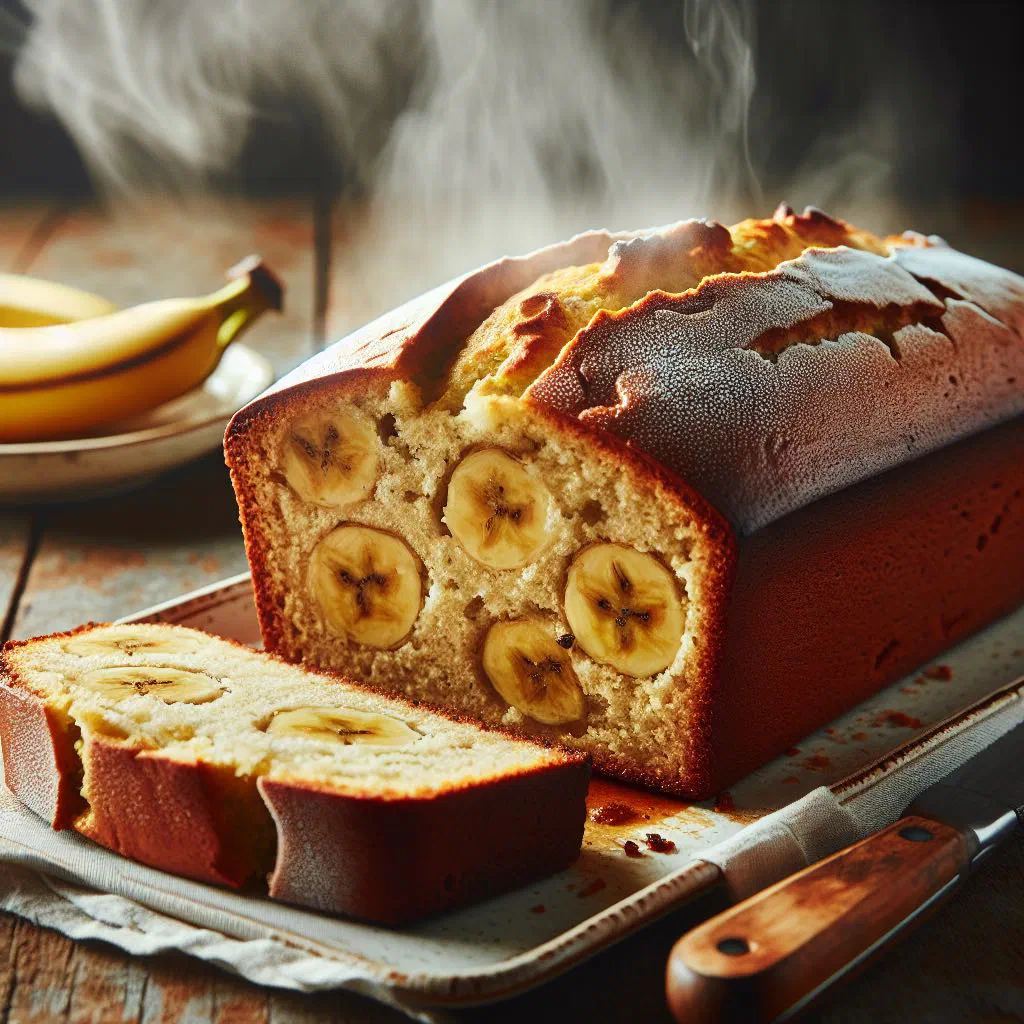 Sliced loaf of moist banana bread on a wooden board