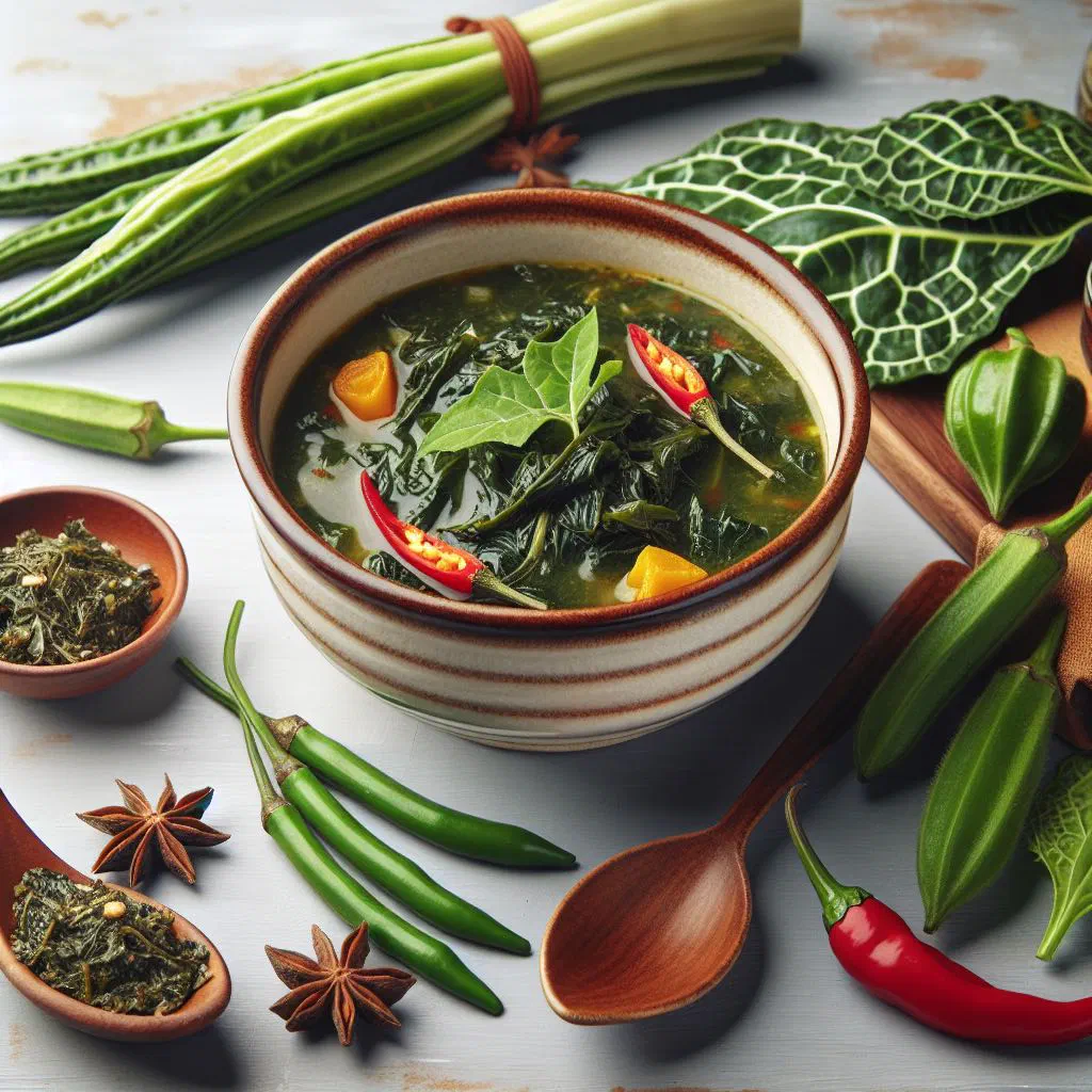 A creamy bowl of green callaloo soup garnished with fresh herbs