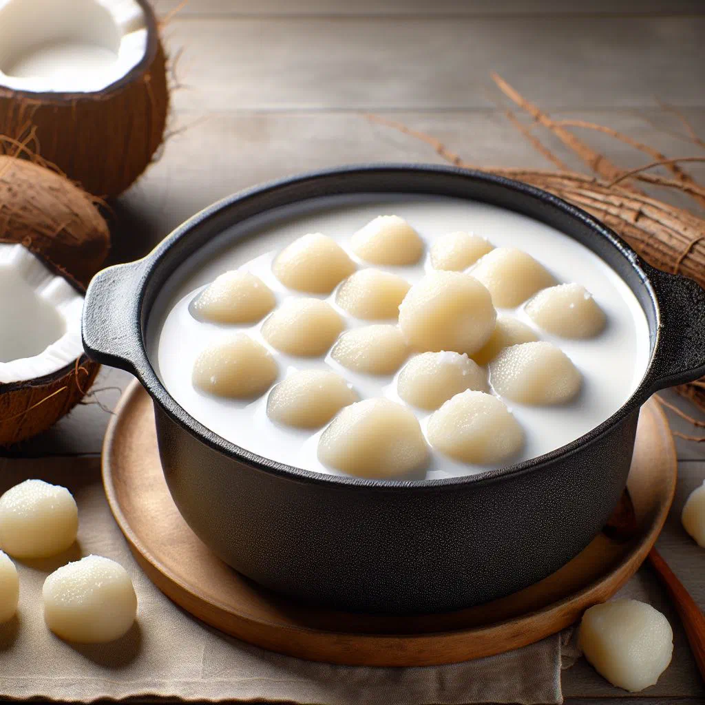 Cassava dumplings simmering in creamy coconut milk, garnished with fresh herbs