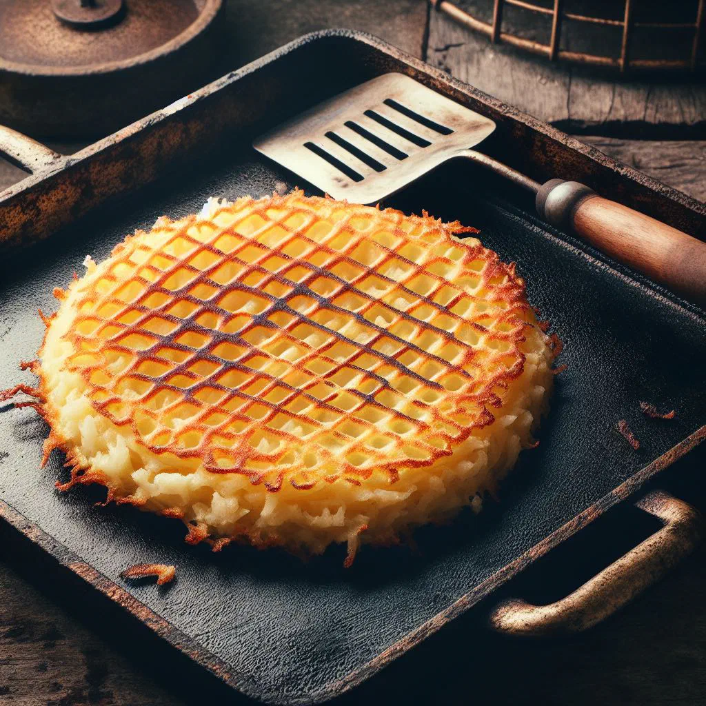 Golden cassava pancakes stacked on a plate with fresh herbs