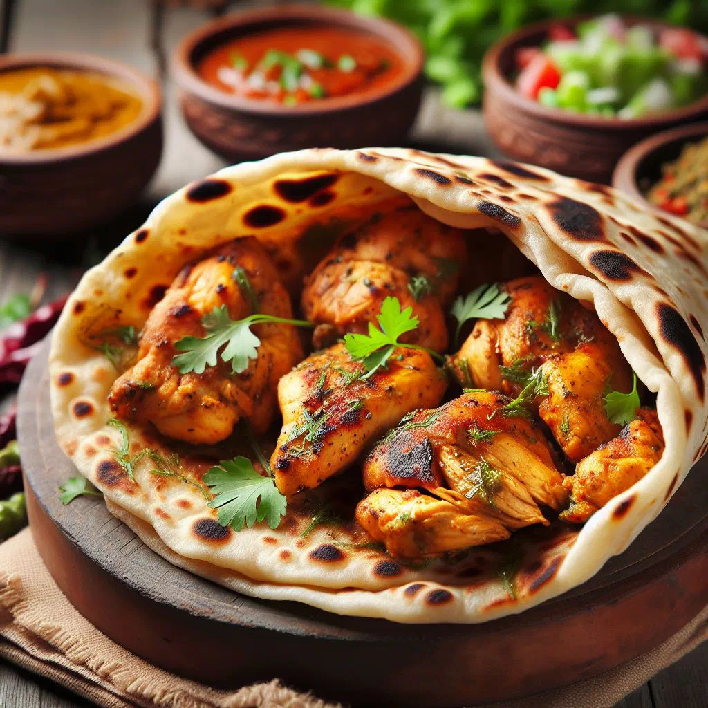 Golden chicken roti flatbread parcels filled with spiced chicken