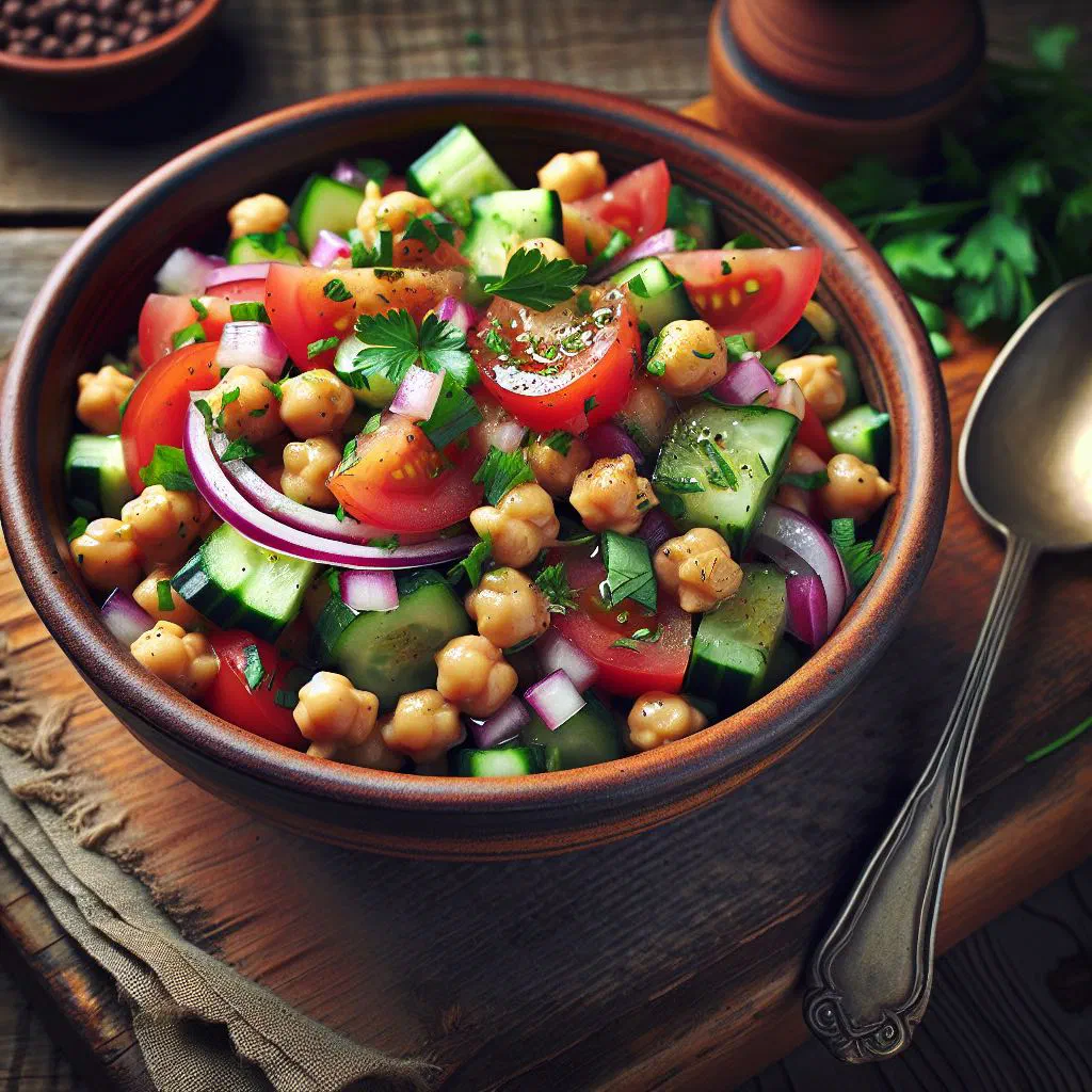 Fresh chickpea salad with peppers, cucumber, tomato and coriander
