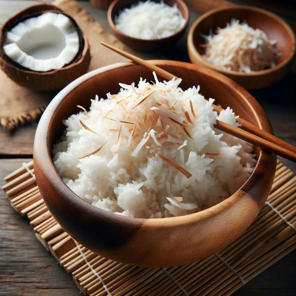 Bowl of fluffy coconut rice garnished with fresh coriander