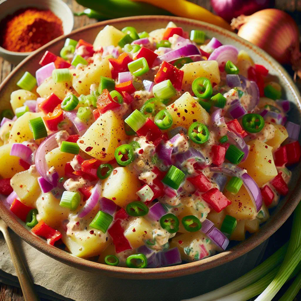 Colourful Creole potato salad with peppers, onion and fresh coriander
