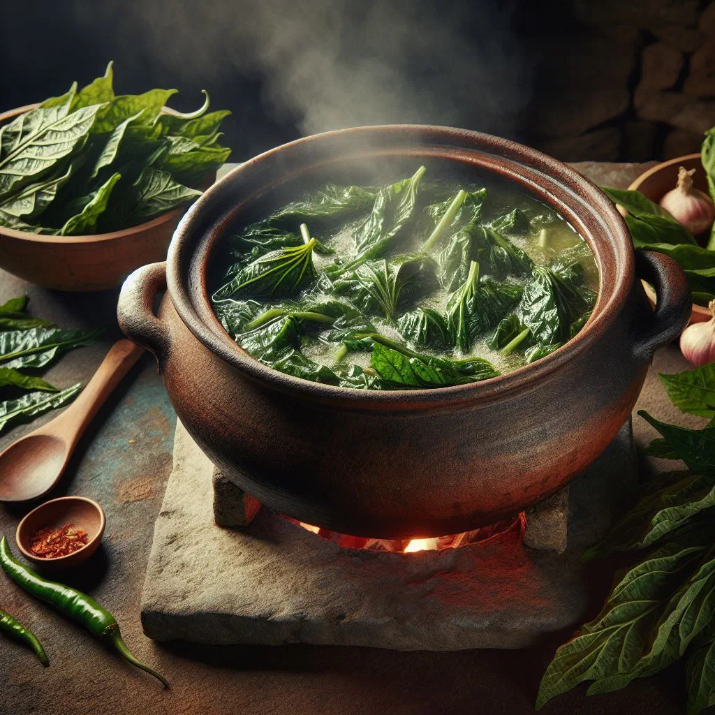 A bowl of green dasheen leaf stew with carrots and tomato