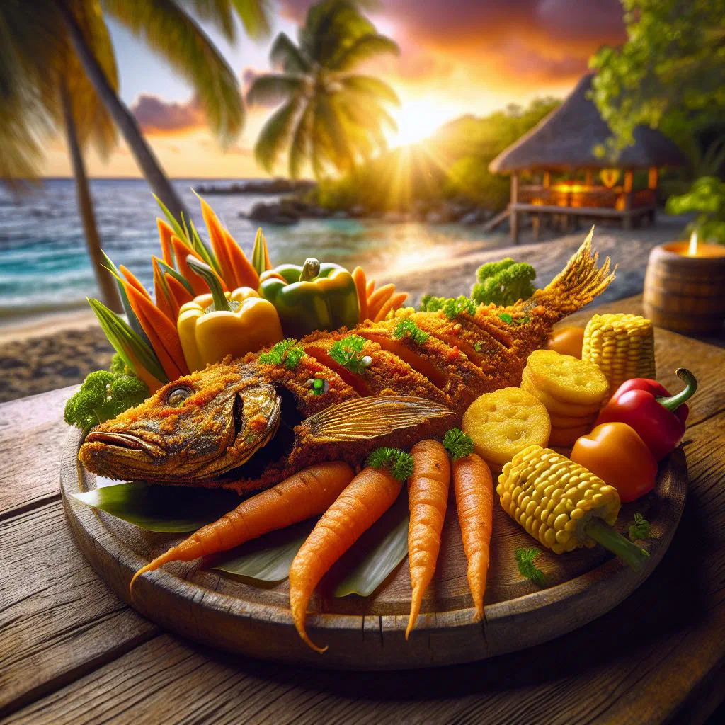 Crispy golden fried whole fish served with fresh vegetables and salsa