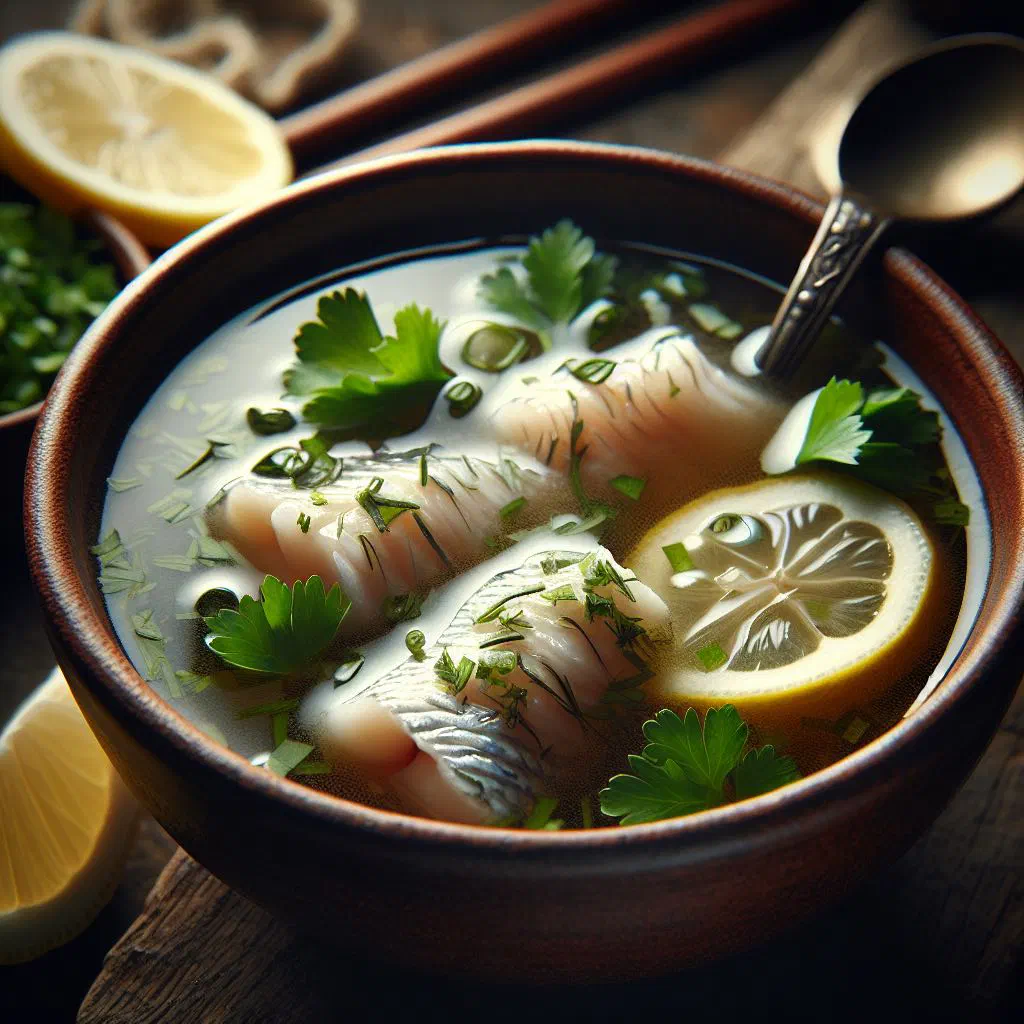 Bowl of Dominican fish broth with fresh fish, vegetables and herbs