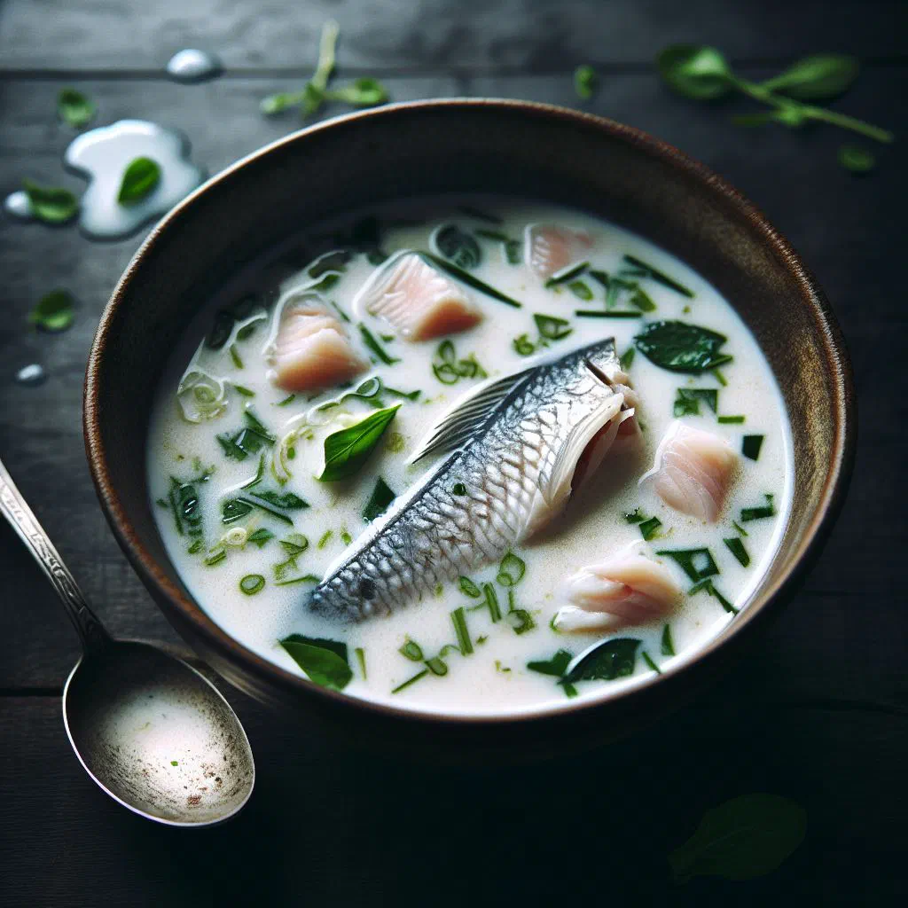 Bowl of creamy Caribbean fish soup with coconut milk and fresh herbs