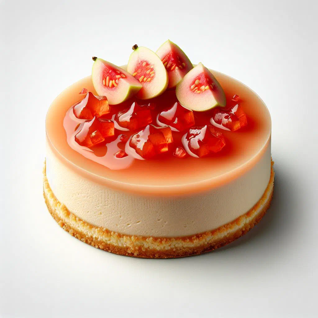 Slice of creamy guava cheesecake on a biscuit base