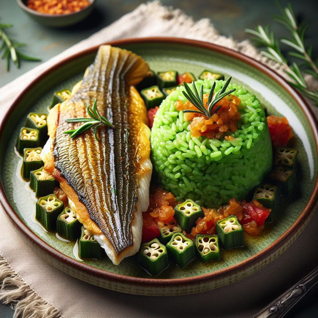 Okra rice with pan-cooked white fish and peppers in a bowl