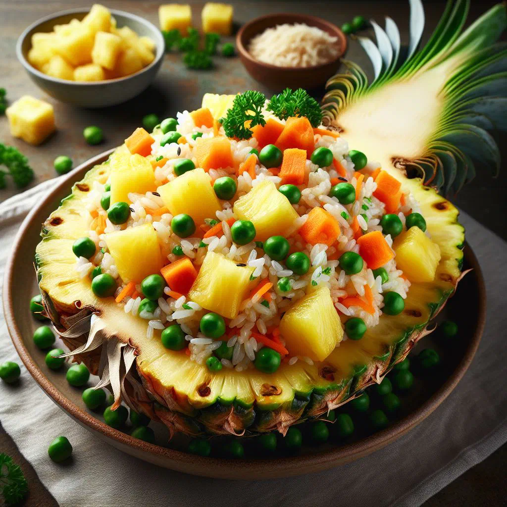 Golden pineapple rice garnished with fresh herbs in a bowl