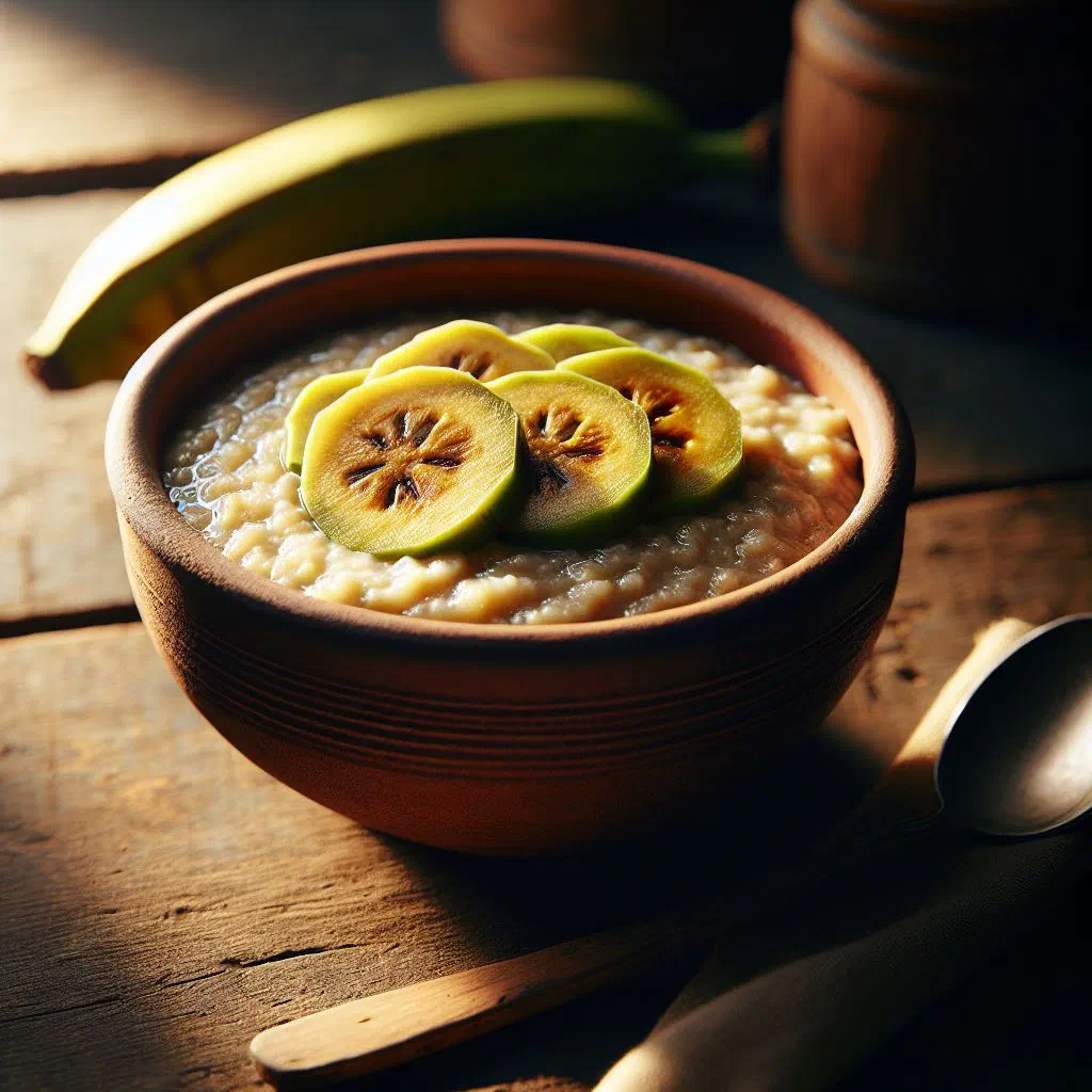 Creamy plantain porridge in a bowl topped with nuts and tropical fruit