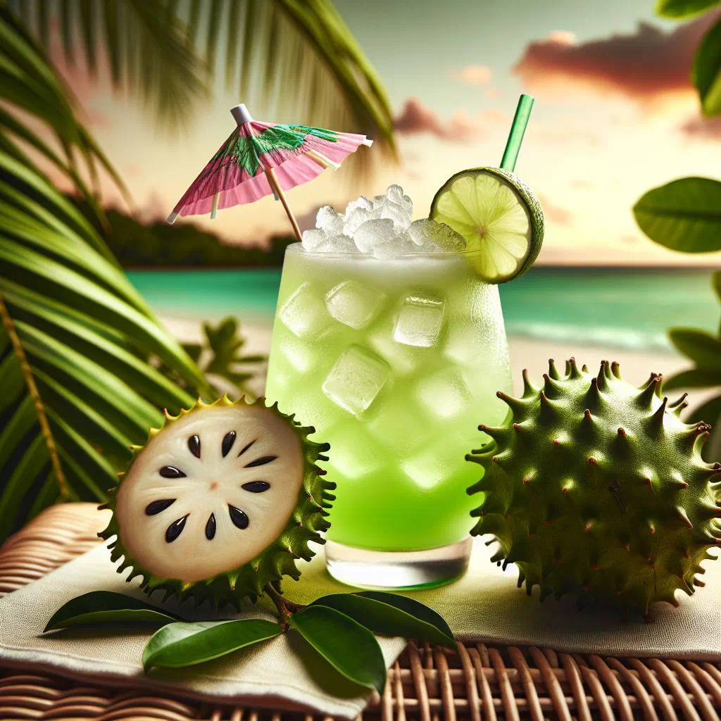 A chilled glass of creamy soursop punch garnished with fresh mint