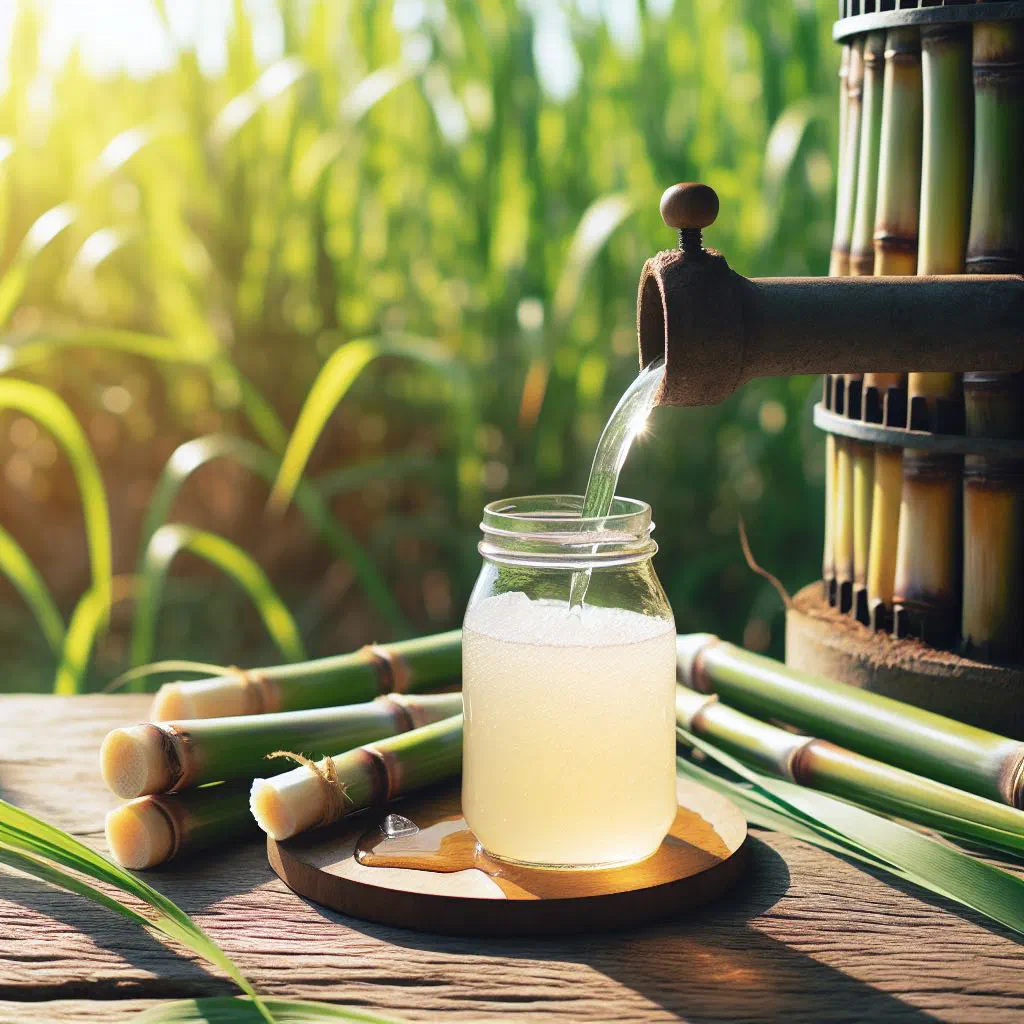 A glass of freshly pressed sugarcane juice with ice and lime