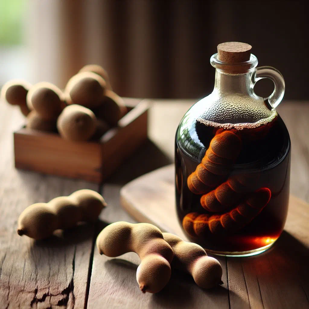 A bottle of homemade tamarind syrup with fresh tamarind pods