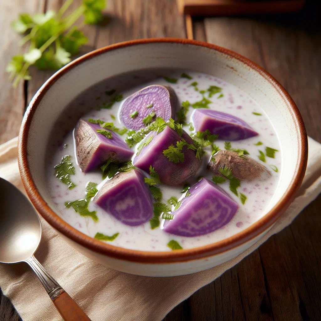 A creamy bowl of yam and coconut soup garnished with fresh herbs