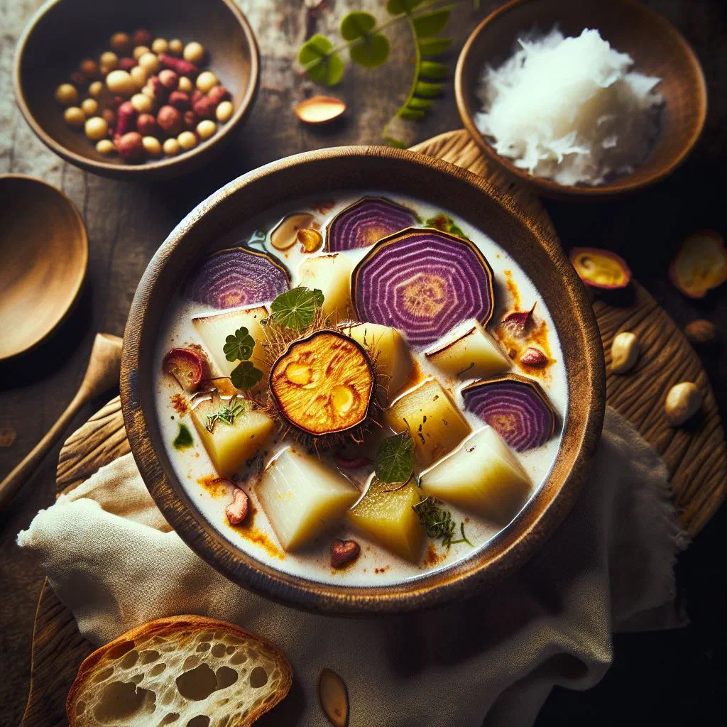 Creamy yam and coconut stew garnished with fresh herbs