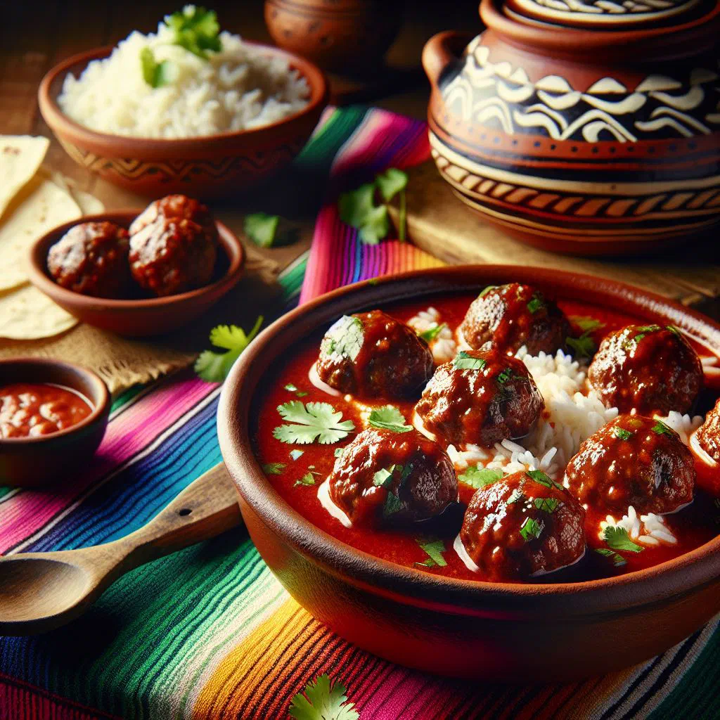 Dominican beef meatballs simmering in tomato sauce with fresh herbs