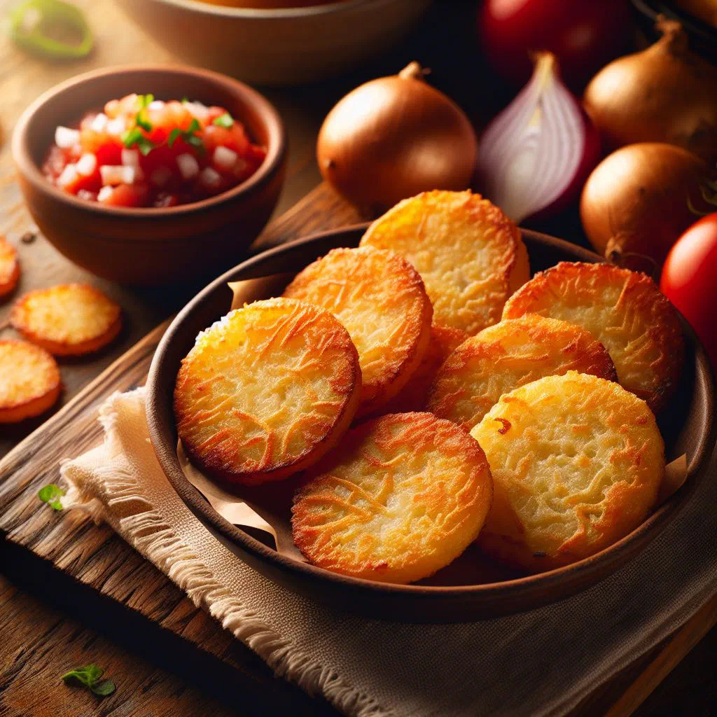 Golden fried arepitas de yuca piled on a plate with fresh herbs