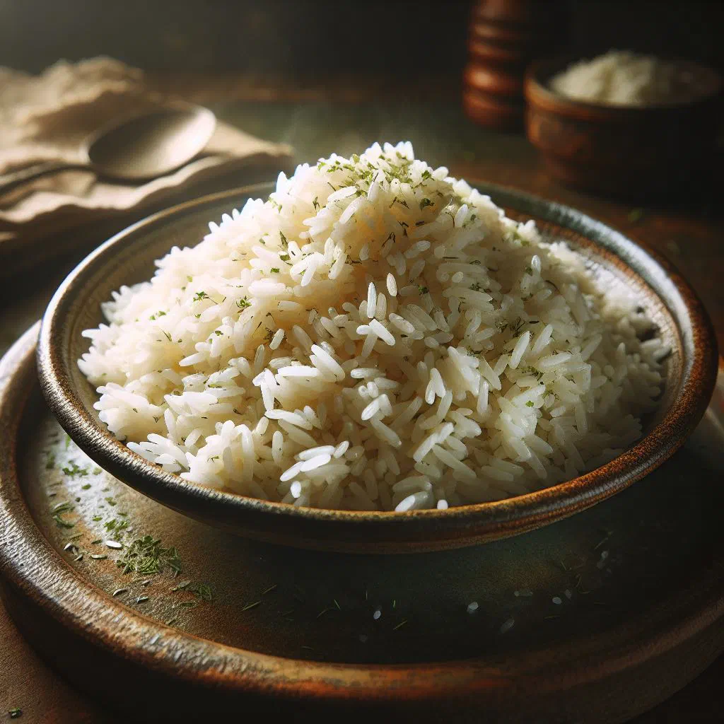 Bowl of fluffy Dominican white rice garnished with fresh coriander