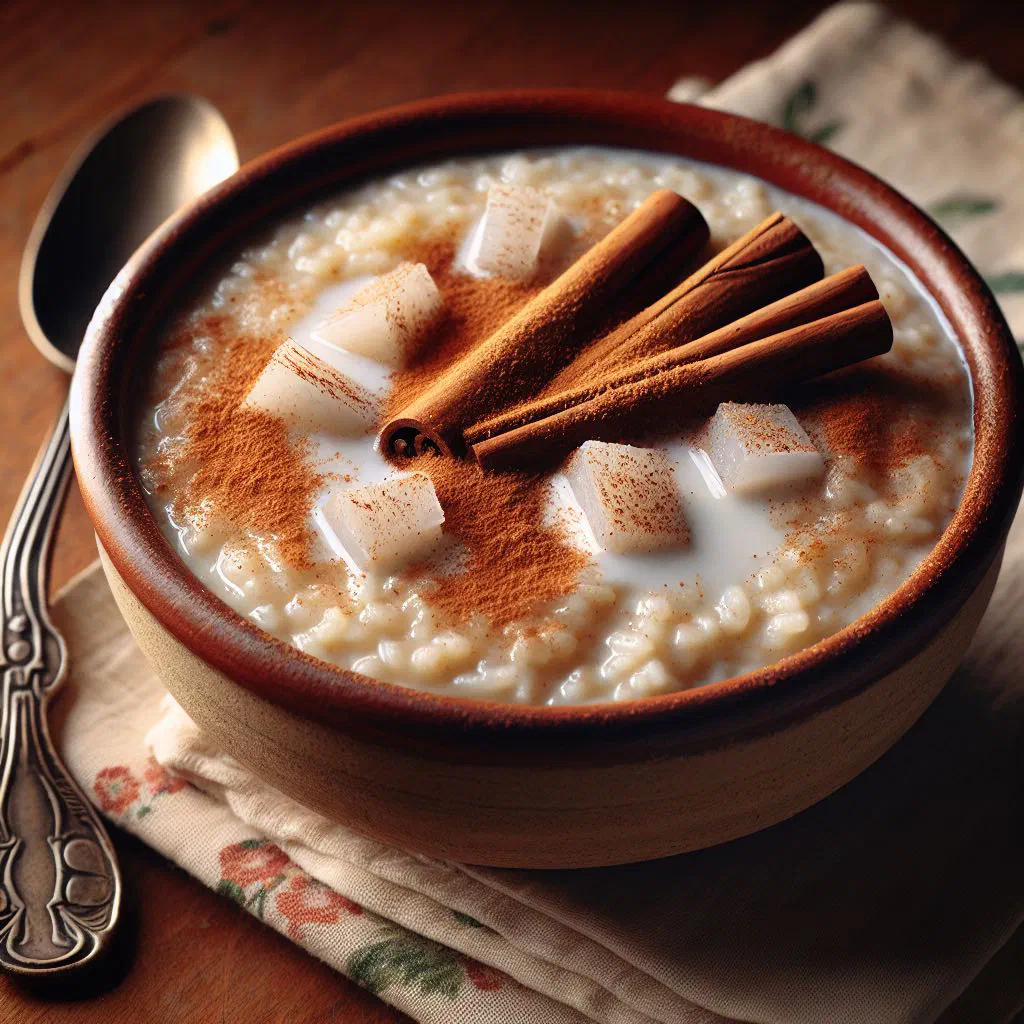 Creamy Arroz con Dulce rice pudding topped with cinnamon and raisins
