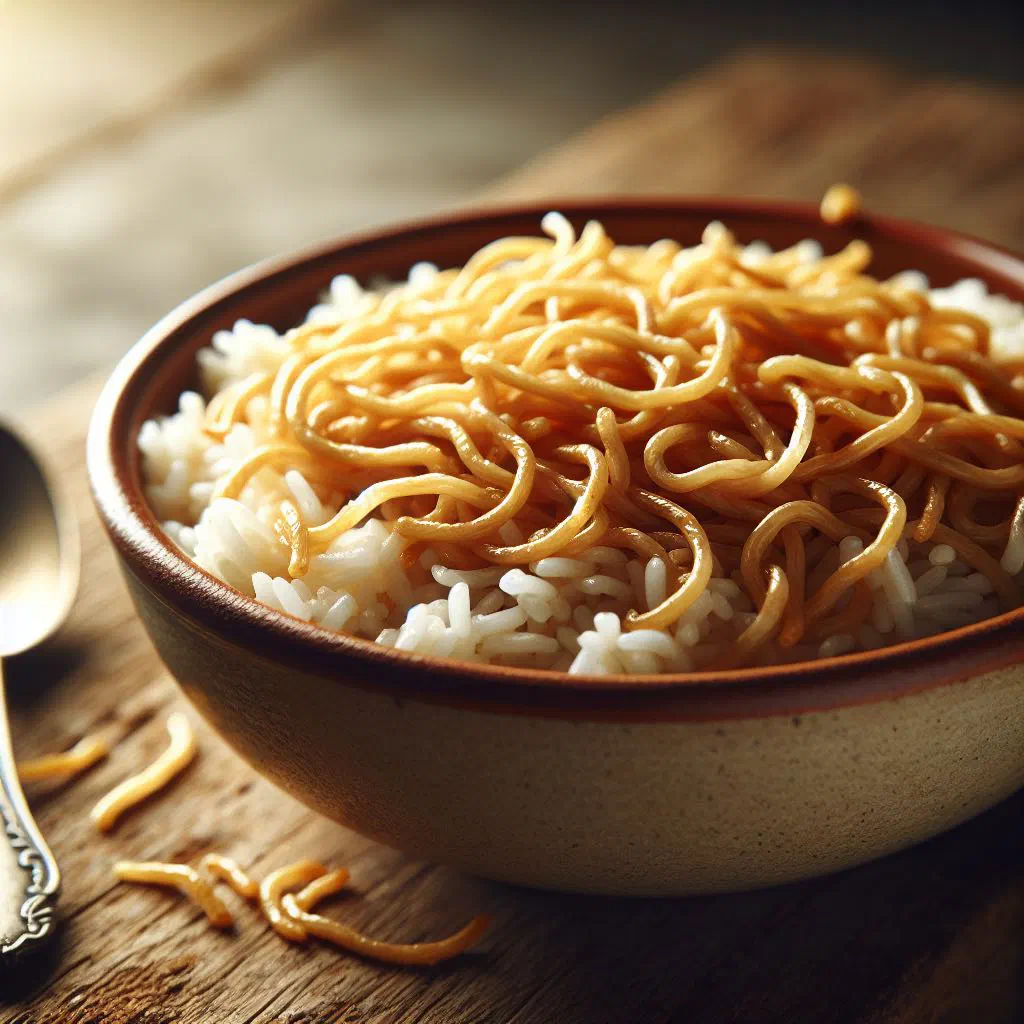 Dominican arroz con fideos with rice, toasted noodles and peppers in a bowl