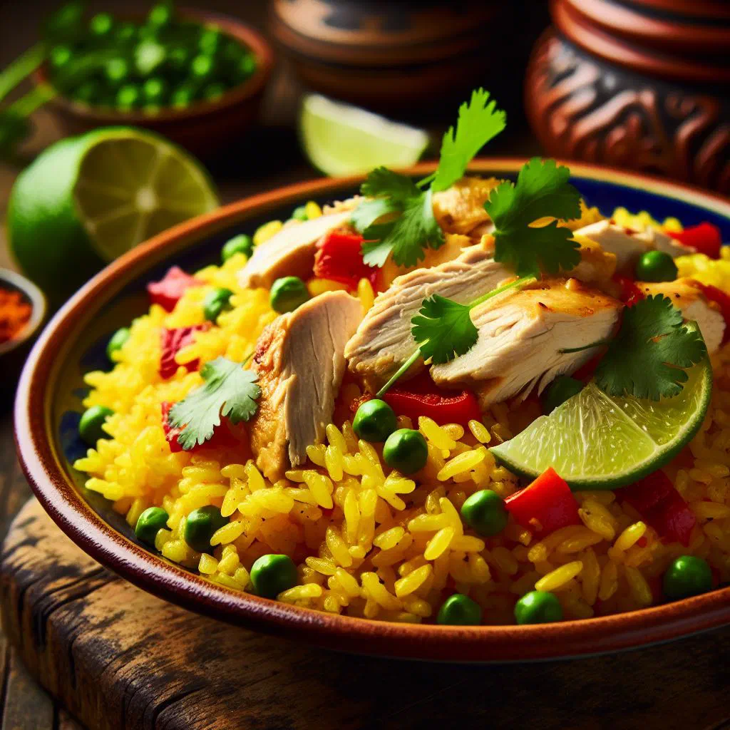 Golden rice with tender chicken pieces, peppers and fresh herbs in a large pan