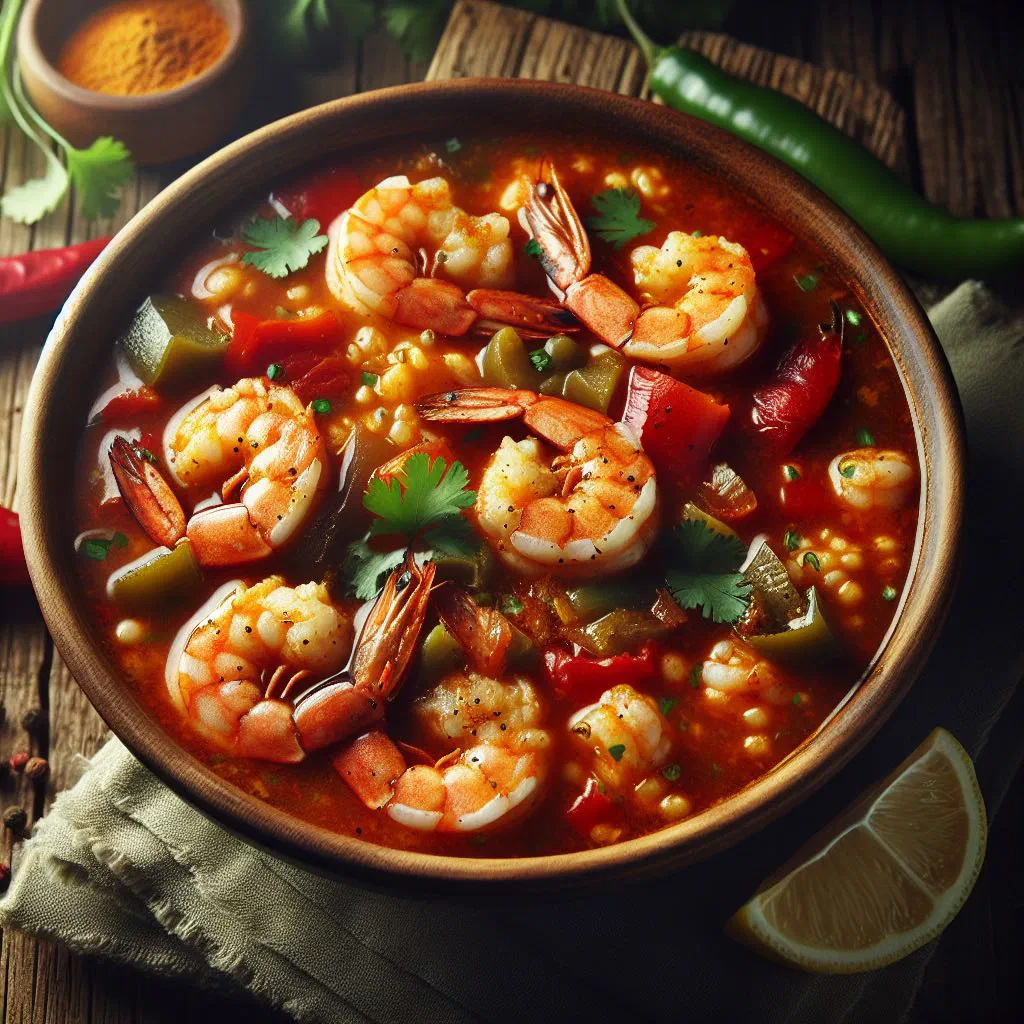 Bowl of Dominican asopao de camarones with prawns, rice and fresh coriander