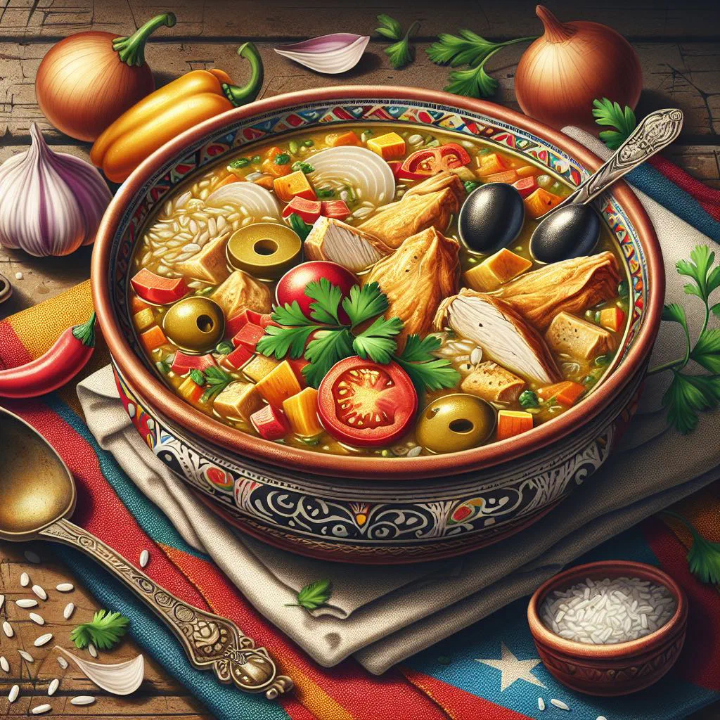 Bowl of Dominican chicken and rice stew garnished with fresh coriander