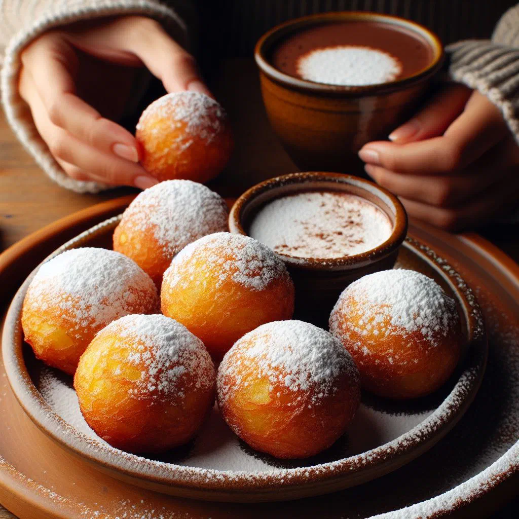 Golden fried cassava dough balls drizzled with syrup on a plate