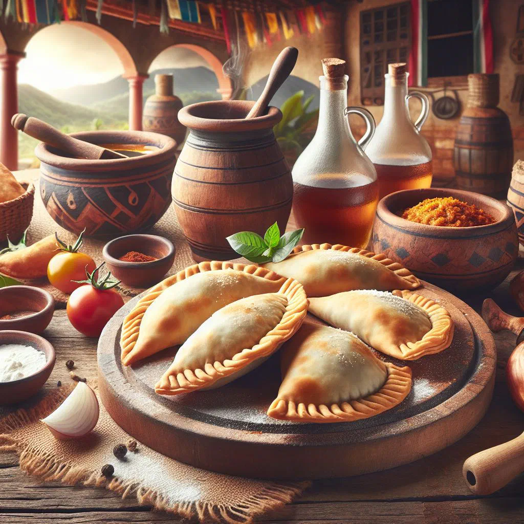 Golden fried empanadas filled with spiced beef on a wooden board