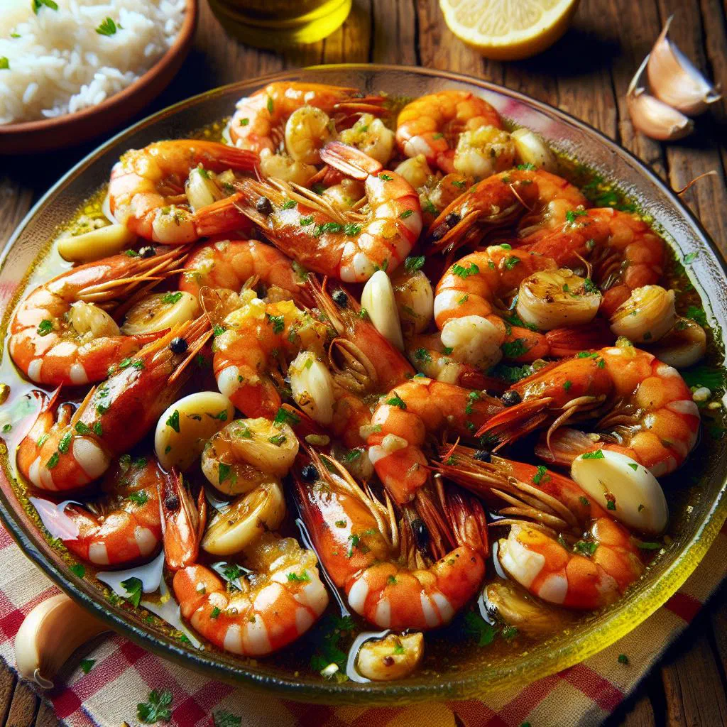 Garlic prawns in a chilli and olive oil sauce, garnished with fresh herbs and lime