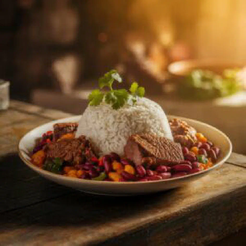 Plate of rice, stewed red beans and meat with a fresh side salad