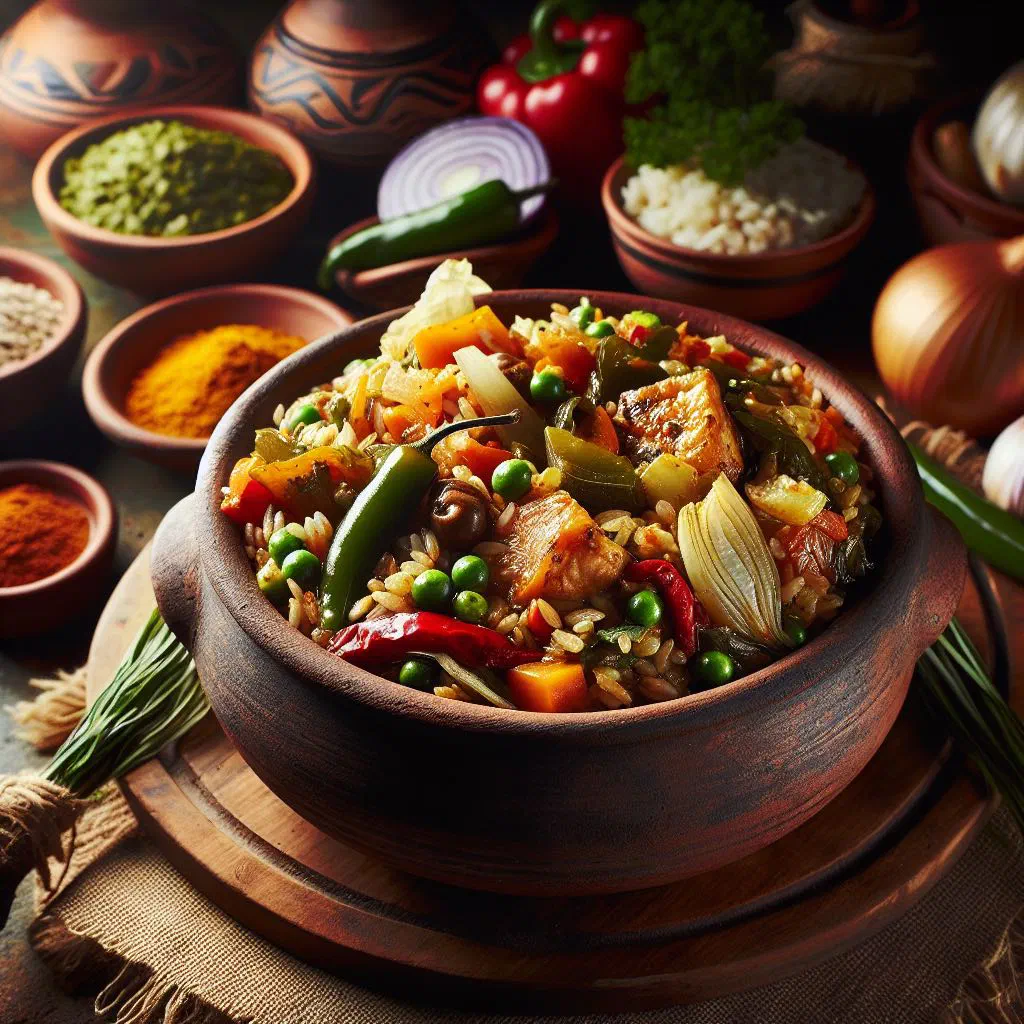 Dominican locrio with seasoned rice, chicken and peppers in a large pot