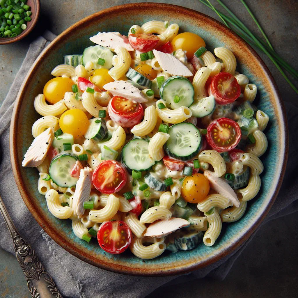 Creamy Dominican macaroni salad with diced vegetables and sausage in a bowl