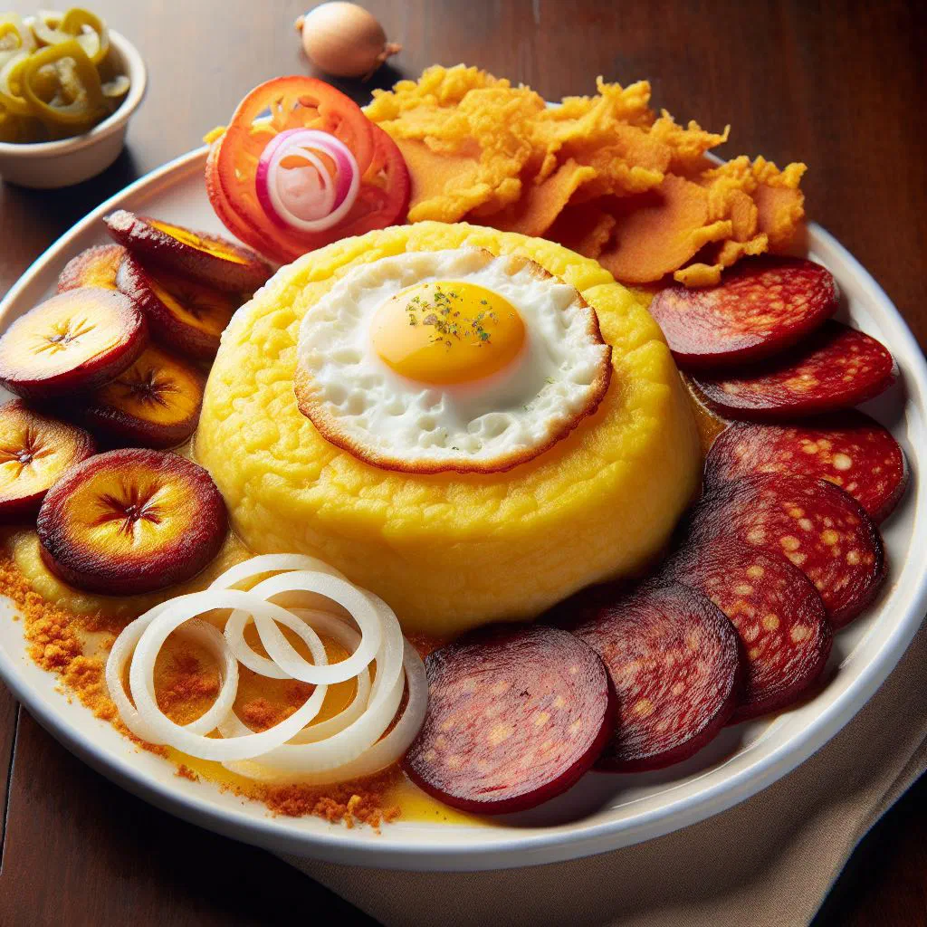 Creamy mashed green plantains served with fried eggs, fried cheese and salami slices