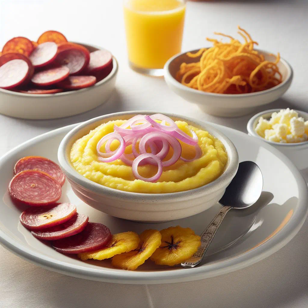 Mangu of mashed green plantains topped with fried onions and eggs