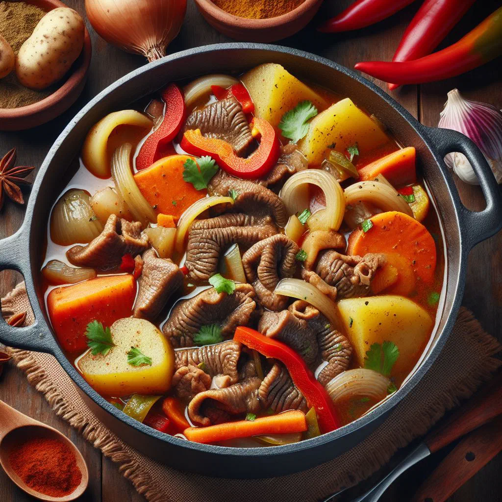 Bowl of Dominican mondongo tripe stew with carrots and peppers